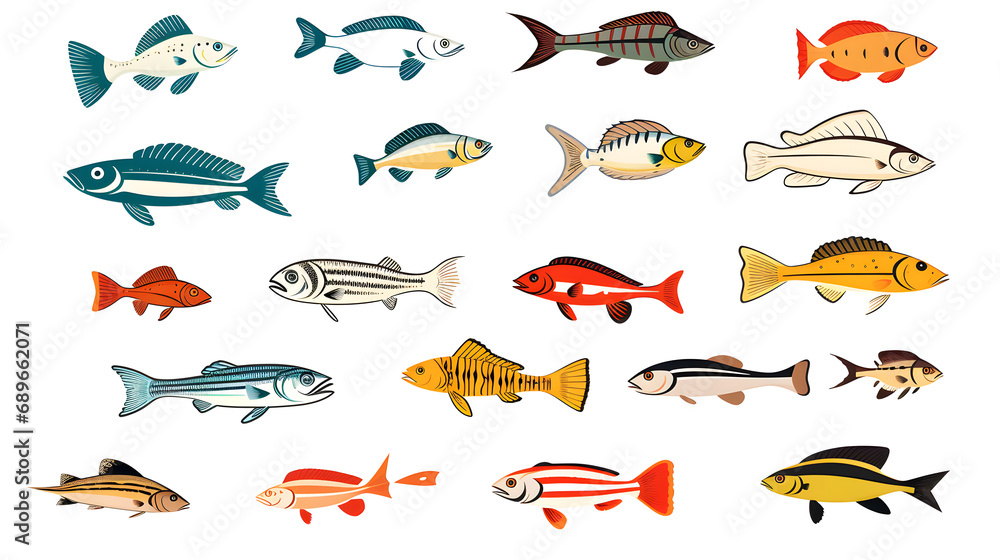 set of colorful fish and fishes
