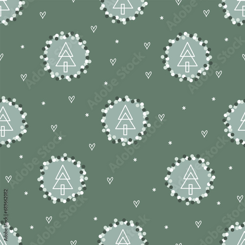Cute Сhristmas background with fun doodle elements. Simple hand drawn seamless vector pattern for kids room decor, nursery art, packaging, wrapping paper, textile, fabric, wallpaper, gift, apparel.