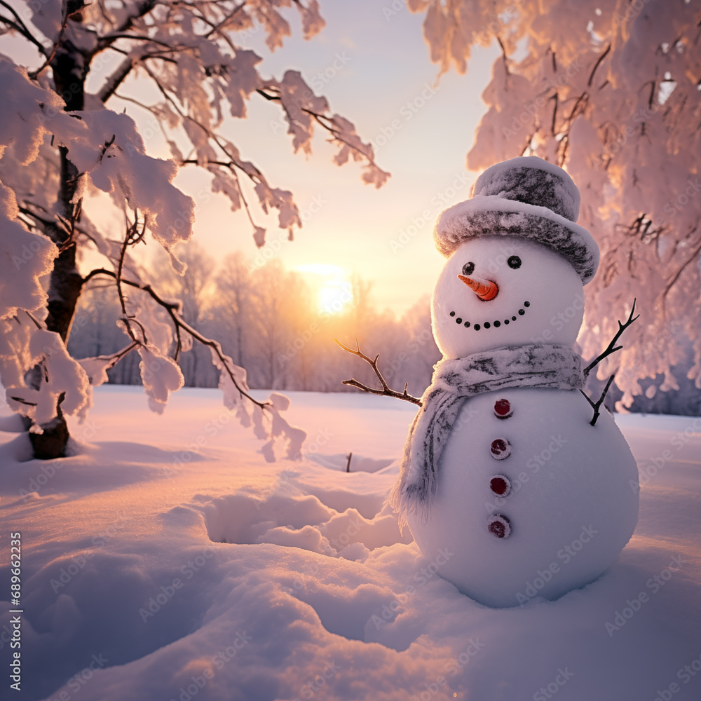 Fototapeta premium Snowman with winter landscape 