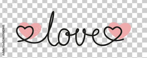 Word love in one line with hearts vector without background design element for wedding anniversary postcard in line art love day line in curves