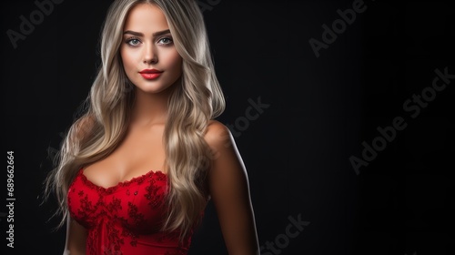 A woman at a Christmas party wearing a red dress against a black backdrop, Generative AI.