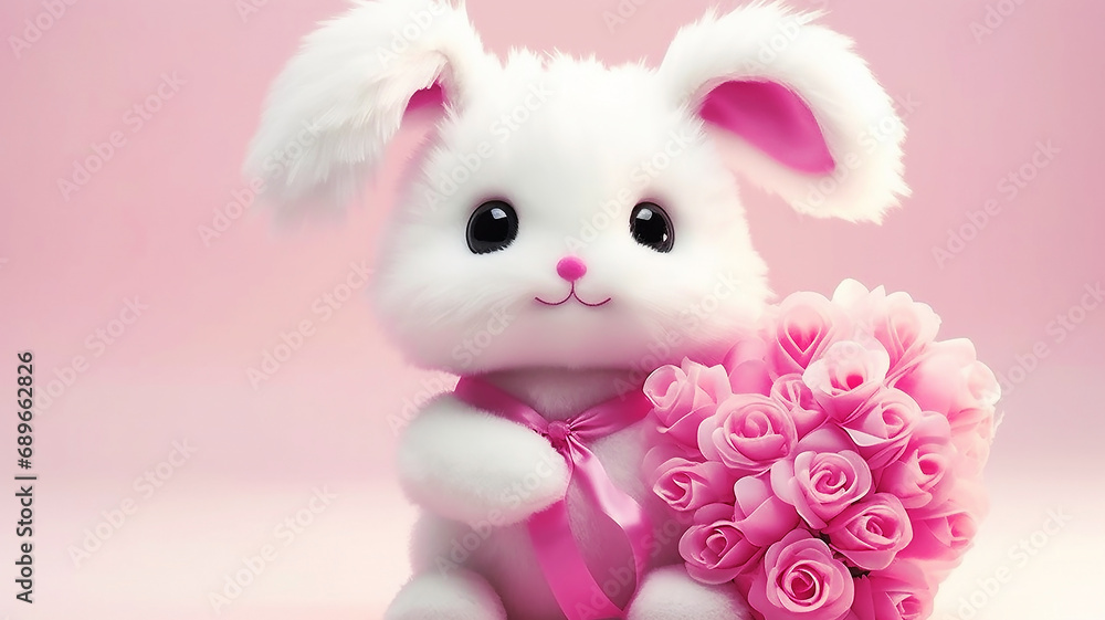 Fototapeta premium Cute white fluffy rabbit holding a bouquet of pink flowers