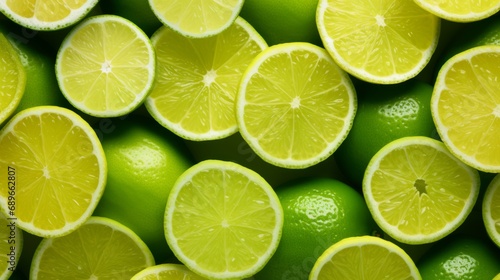 Vibrant Citrus Delight: Fresh Slices of Juicy Green Lemons and Limes, Summer Design, Flat Lay, Top View