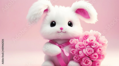 Cute white fluffy rabbit holding a bouquet of pink flowers