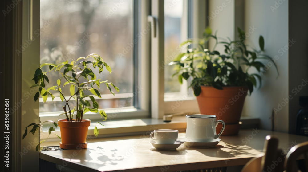 Window. Minimalist lifestyle. Beautiful morning. Minimalistic Scandinavian interior, with a simple beautiful composition. Cozy workday styled photo. Spring or Summer