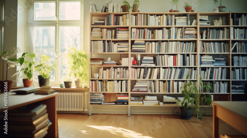 Bookshelf. Minimalist lifestyle. Beautiful morning. Minimalistic Scandinavian interior, with a simple beautiful composition. Cozy workday styled photo. Spring or Summer