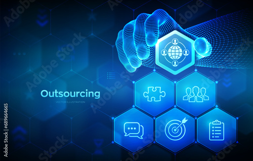 Outsourcing and HR. Social network and global recruitment. Global Recruitment Business concept. Wireframe hand places an element into a composition visualizing Outsourcing. Vector illustration.