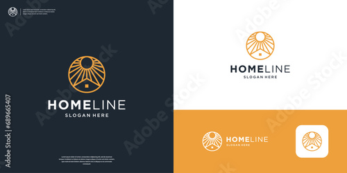Minimalist home real estate logo design with abstract sun symbol