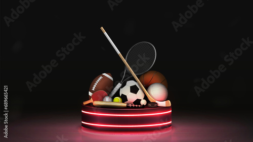 Vector 3d realistic balls for football, basketball, soccer, baseball, tennis and pinpong with rackets, stick and bat on a bright neon podium in red. A concept for sports betting.