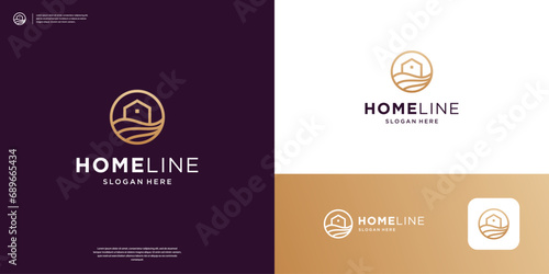 Minimalist home and waves logo with line art style