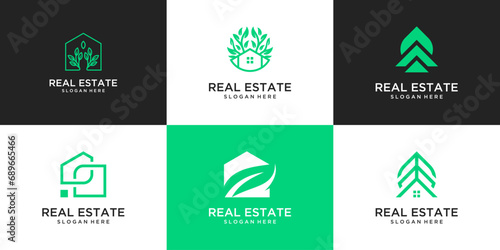 Set of collection home and leaf logo design template
