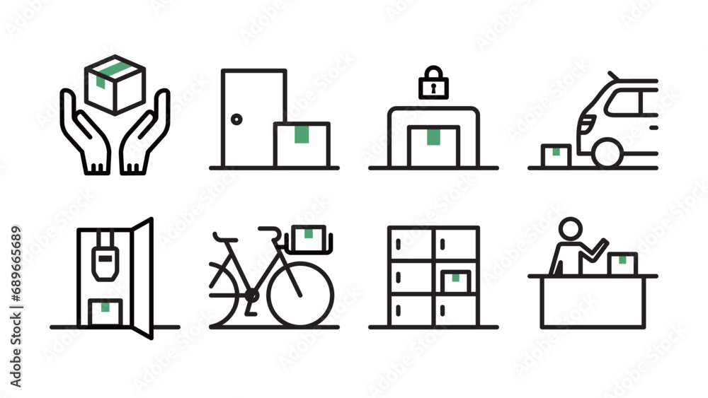Set of icons for placement and distribution Variable line width Entrance, delivery box, car shade, gas meter box, bicycle basket, reception desk Set of icons for placement and distribution Variable line width Entrance, delivery box, car shade, gas meter box, bicycle basket, reception desk