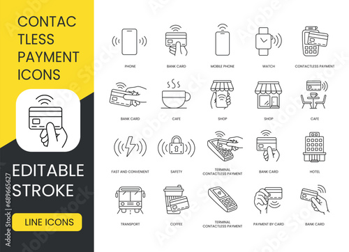 Contactless payment line icons set vector editable stroke, Watch and Mobile Phone, Bank Card and Cafe, Shop and NFC, Wi Fi and Hotel, QR Code and Terminal, Safety and Fast and Convenient, Transport