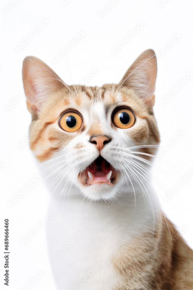 Funny surprised cat isolated on white background. Studio portrait of a cat with amazed face. Funny surprised cat isolated on white background. Studio portrait of a cat with amazed face.