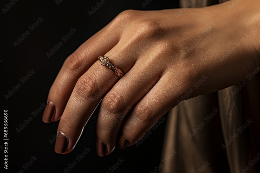 a woman's hand with a ring on her finger. It's a symbol of commitment, love, and loyalty. 