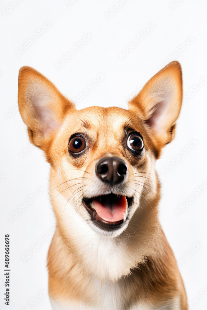 Funny surprised dog isolated on white background. Studio portrait of a dog with amazed face. Funny surprised dog isolated on white background. Studio portrait of a dog with amazed face.