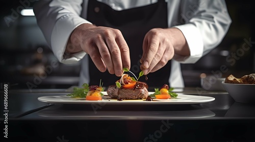 Master chef cook man hands precisely cooking dressing preparing tasty fresh delicious mouthwatering gourmet dish food on plate. Generative AI photo