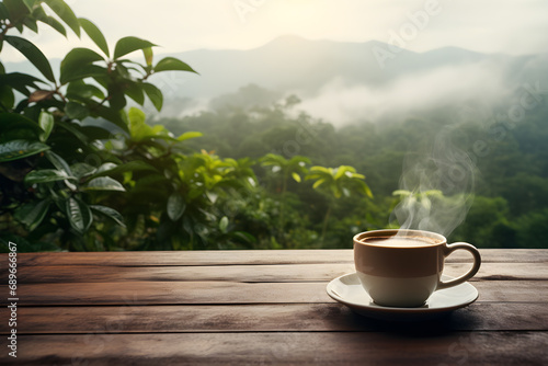 Coffee cup with smoke on wooden table on nature background with fog.