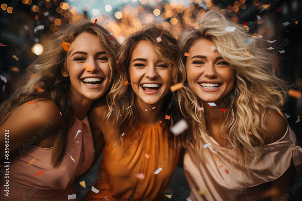 Three girlfriends celebrate and smile. Generative AI