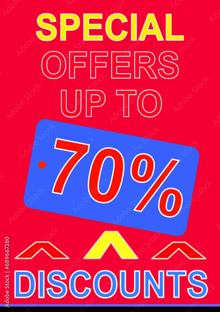 Sale poster on red background and text with up to seventy percent discount.