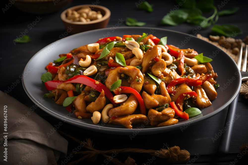 Stir-fried chicken with cashew nuts in black dish on wooden table. Stir-fried chicken with cashew nuts in black dish on wooden table.