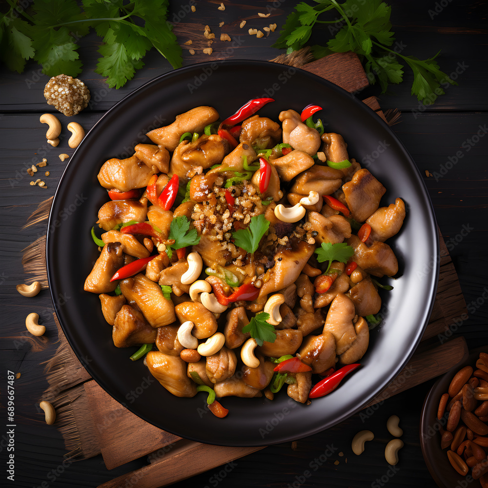 Stir-fried chicken with cashew nuts in black dish on wooden table. Stir-fried chicken with cashew nuts in black dish on wooden table.