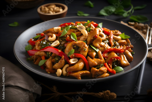 Stir-fried chicken with cashew nuts in black dish on wooden table.