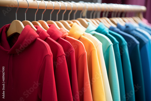 Close-up of a rack with colored hoodies on wooden hangers hung in the colors of the rainbow.