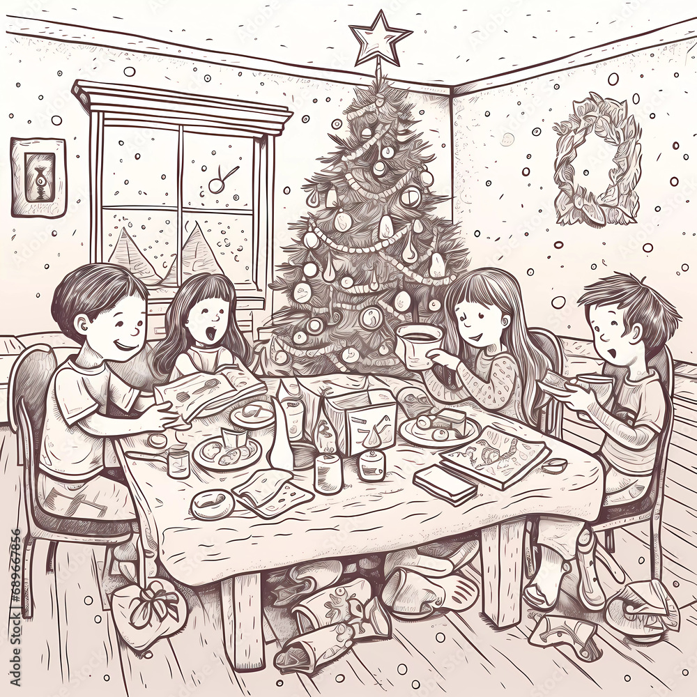 Children Christmas Party cartoon style coloring page.Colorful vector illustration, winter coloring book for kids.