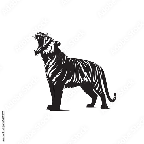 Dynamic Tiger Silhouette Roaring and Striking in Aggressive Posture - Black Vector Tiger Roaring Silhouette 