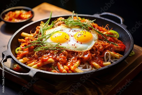 Tasty Korean food in cafe with a rustic style