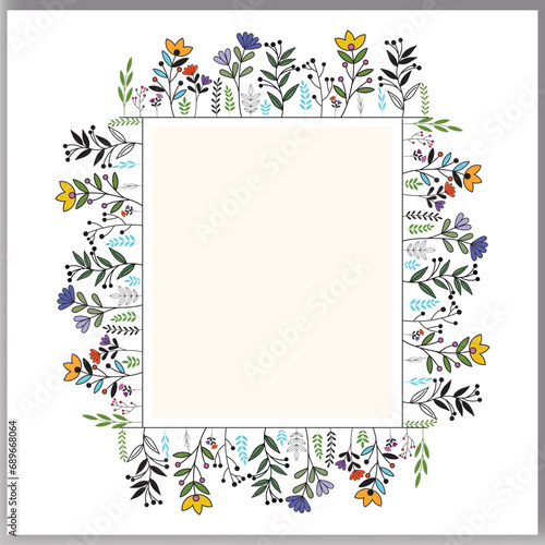Floral hand-drawn frame Outlined doodle flowers and leaves frame for your text vector