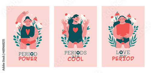 Set of cards, banners template with women during menstruation. Happy woman, girl, young lady in panties, underwear with menses, flowers, plants, leaves. Period Power. Healthy lifestyle concept.
