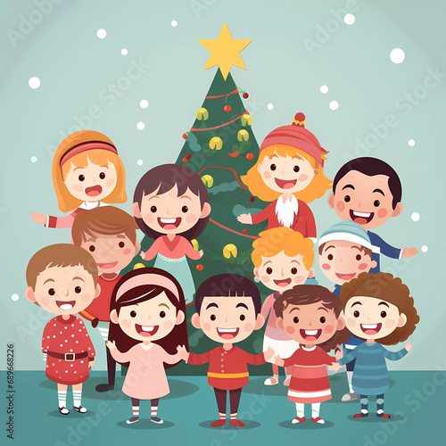 Children celebrate Christmas and new year party with Christmas tree.Cartoon style vector illustration.