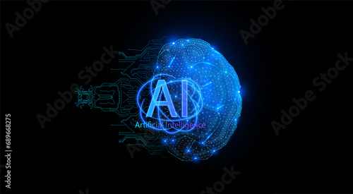 Futuristic Illustration of Artificial Intelligence Brain Concept with Digital Circuitry. AI brain circuit board icon. Vector illustration