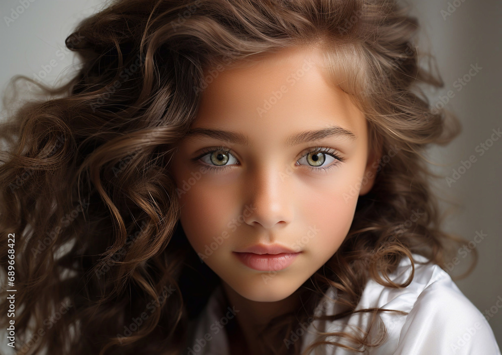 Portrait of cute little beautiful curly girl from kids fashion model agency.Macro.AI Generative. Portrait of cute little beautiful curly girl from kids fashion model agency.Macro.AI Generative.