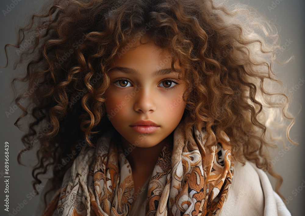 Beautiful cute curly little girl from fashion modelling agency.Macro.AI Generative.