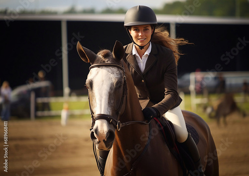 Beautiful woman wearing helmet and riding horse on equestrian arena.Macro.AI Generative. © DenisMArt