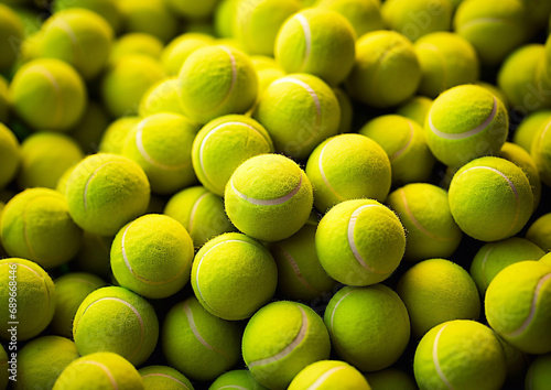 Many yellow tennis balls for professional tennis as textured background.Macro.AI Generative. © DenisMArt
