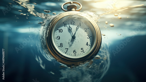 Pocket watch submerged in water.