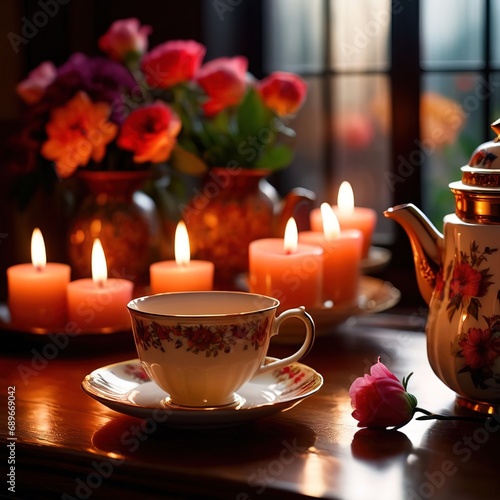 Glasses of tea with candles, elegant luxury vintage floral theme
