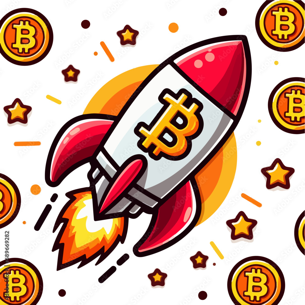 Fototapeta premium Bitcoin Bull Run rocket Illustration, Bullish Bitcoin Rocket character vector illustration. bitcoin rocket vector art, crypto Bull run vector illustration.