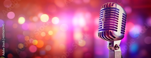  retro style microphone on stage with a bokeh light backdrop.concert and show concept, horizontal wallpaper,, copy space for text