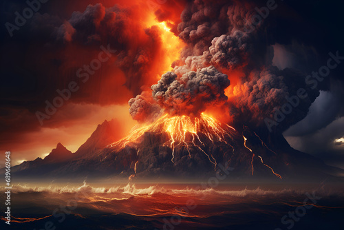 volcano and volcanic eruption, flowing lava and billowing smoke
