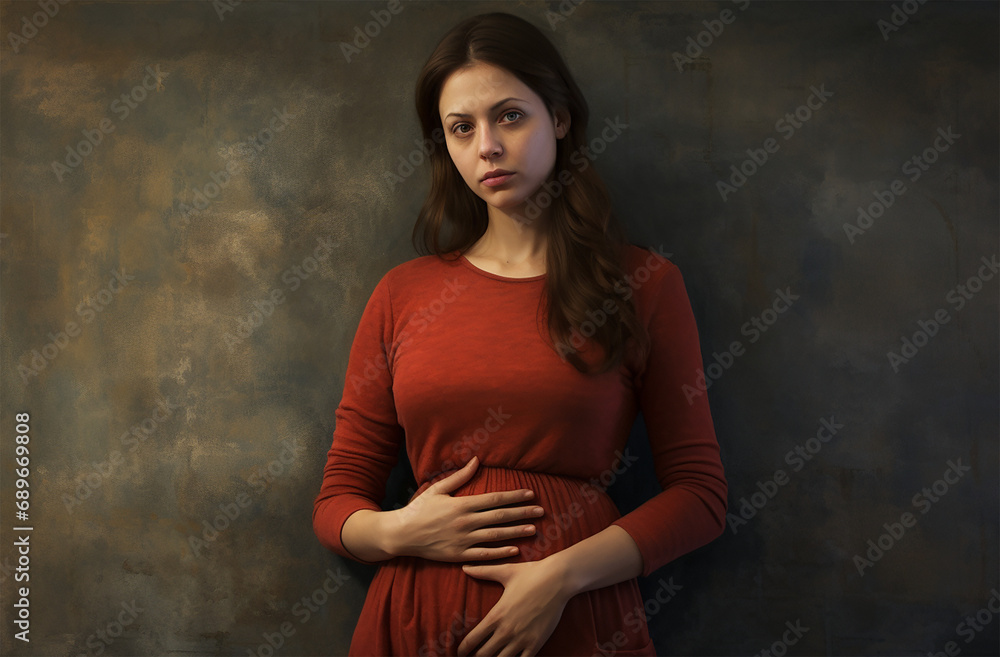 Pregnant Woman Putting her Hands on Her Belly, Woman Holding her Stomach as a Sign of Pregnancy Pregnant Woman Putting her Hands on Her Belly, Woman Holding her Stomach as a Sign of Pregnancy