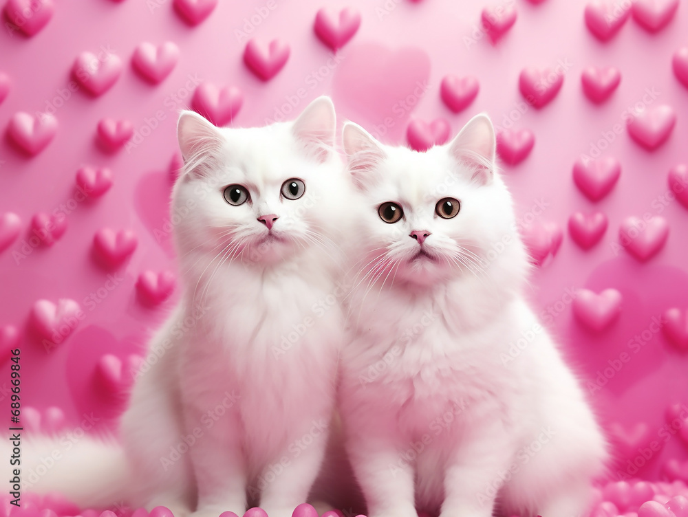 Two white fluffy lovesick cats are sitting next to each other on a pink background