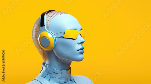 3D illustration of a half woman half robot cyborg wearing headphones, featuring figure on the bright background. Generative AI  photo