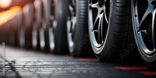wheel of car.Bulk Car Tires Display.Automotive Retail Close-Up.AI Generative 