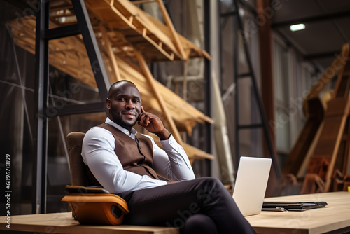 Confident African American black male architect sitting at his working desk with a laptop computer in the office.