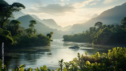 A tropical landscape with a river framed by mountains and lush vegetation at sunrise